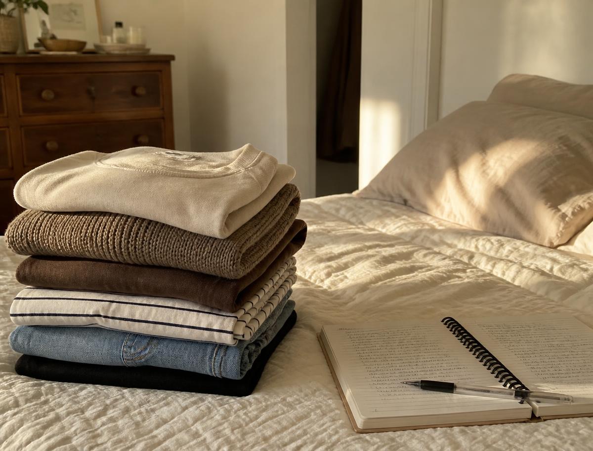 An open notebook and pen beside folded laundry on a bed