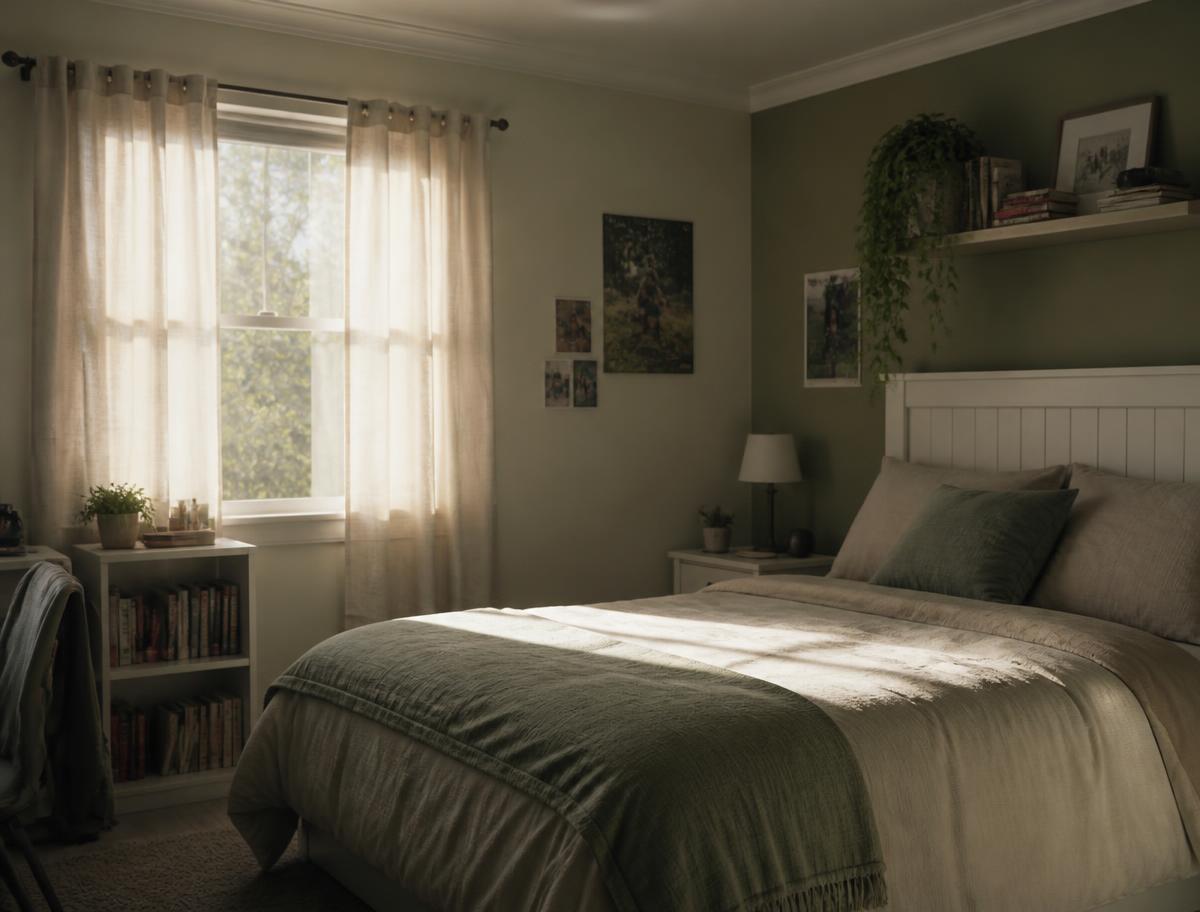An empty bedroom with morning light through the curtains